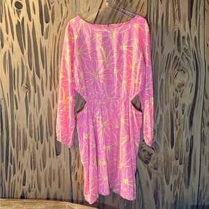 Universal Thread Pink & Yellow Floral linen blend  Midi Dress with pockets XXL